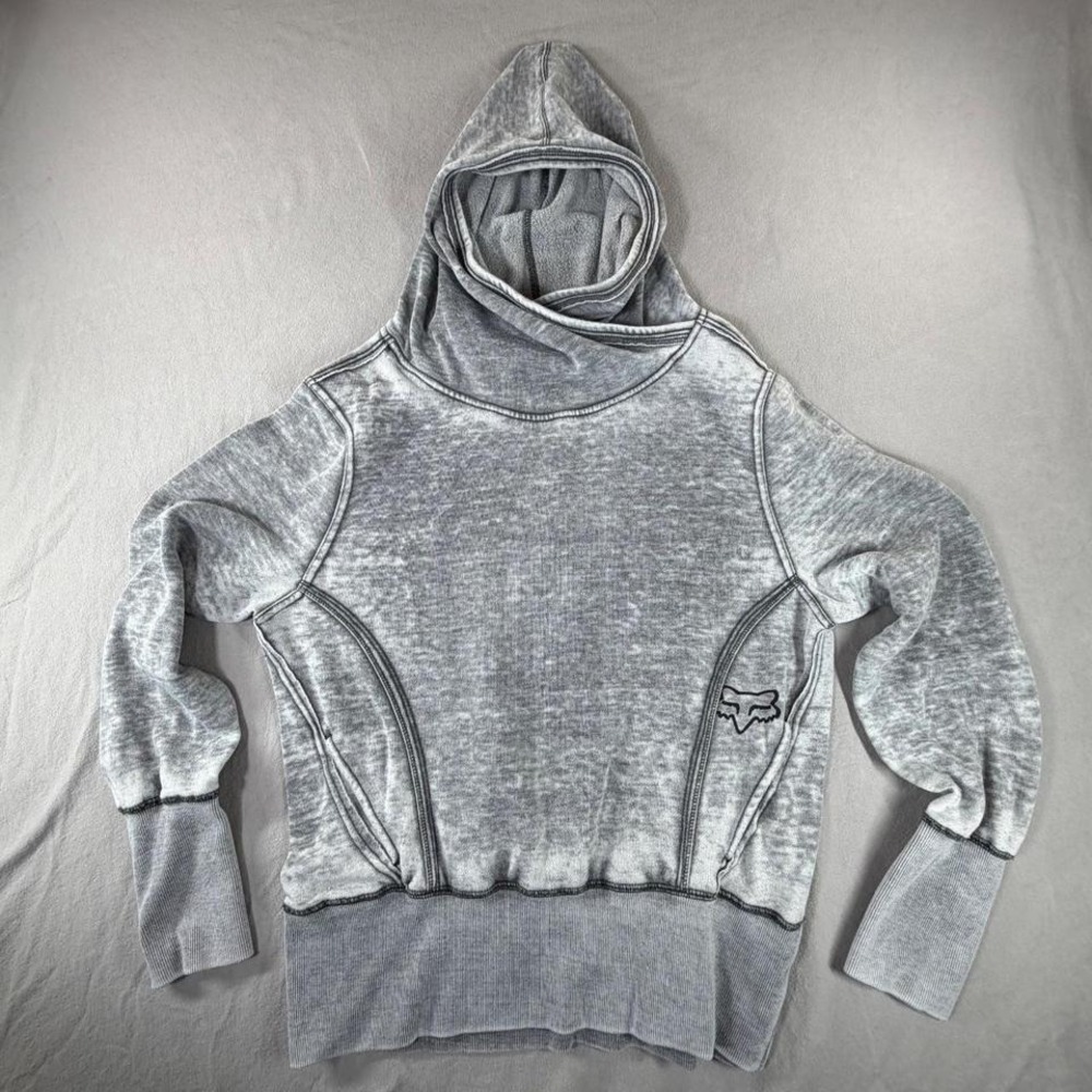Y2K Fox Racing Cowl Neck Cropped Hoodie Gray Moto Grunge Edgy Streetwear